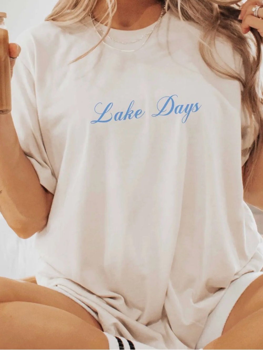 Lake Days Graphic Tee in Cream with Blue Script